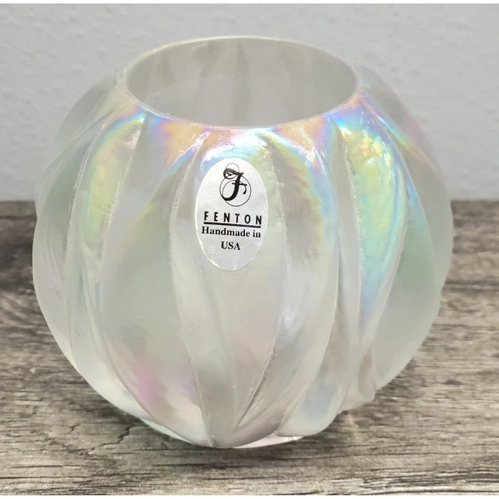 Fenton Art Glass White Pearl Iridescent Round Votive Candle Holder RARE